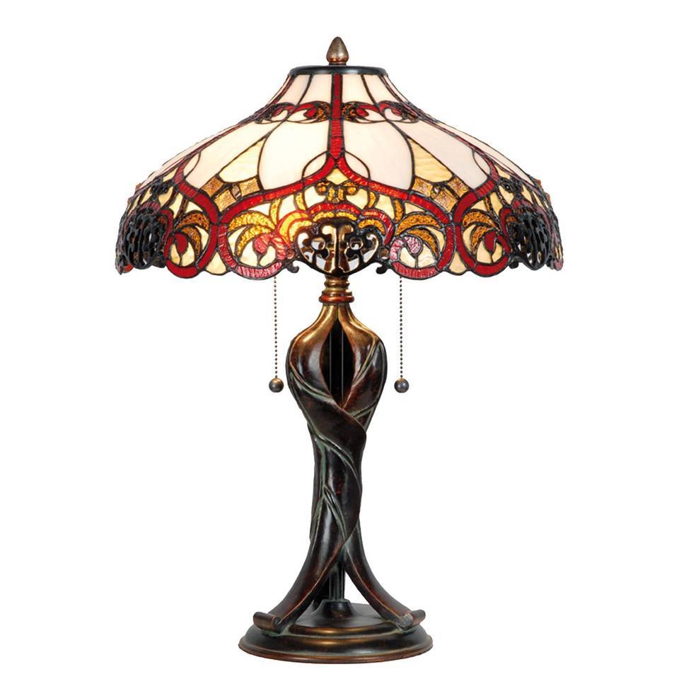 Clayre & Eef tafellamp met tiffany kap 56 x ø 41 cm - bruin rood geel ivory - ijzer glas