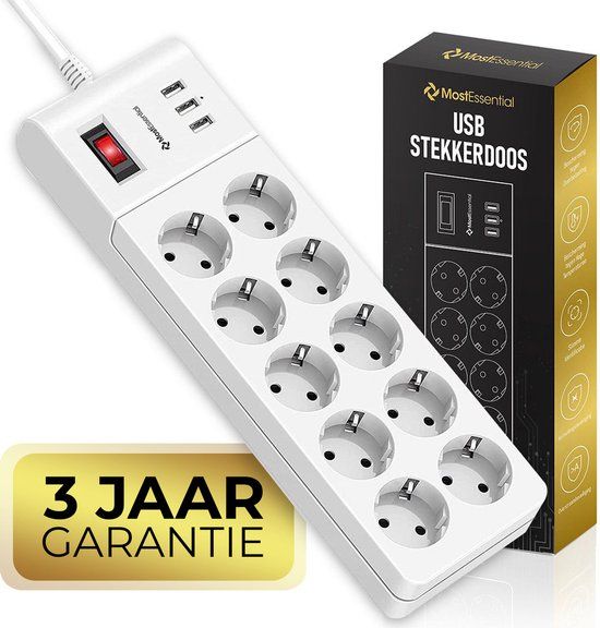 MostEssential Premium 13-Voudige Stekkerdoos - 10 Stopcontacten & 3 USB - 2M - Wit