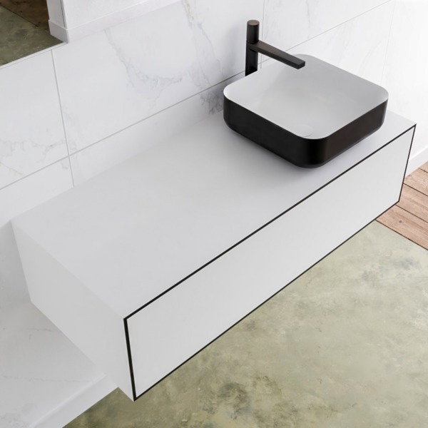 Mondiaz LAGOM 110cm badmeubel solid surface urban 1 lades Wastafel BINX opzetkom rechts 1 kraangat M64177UBM1M49904R