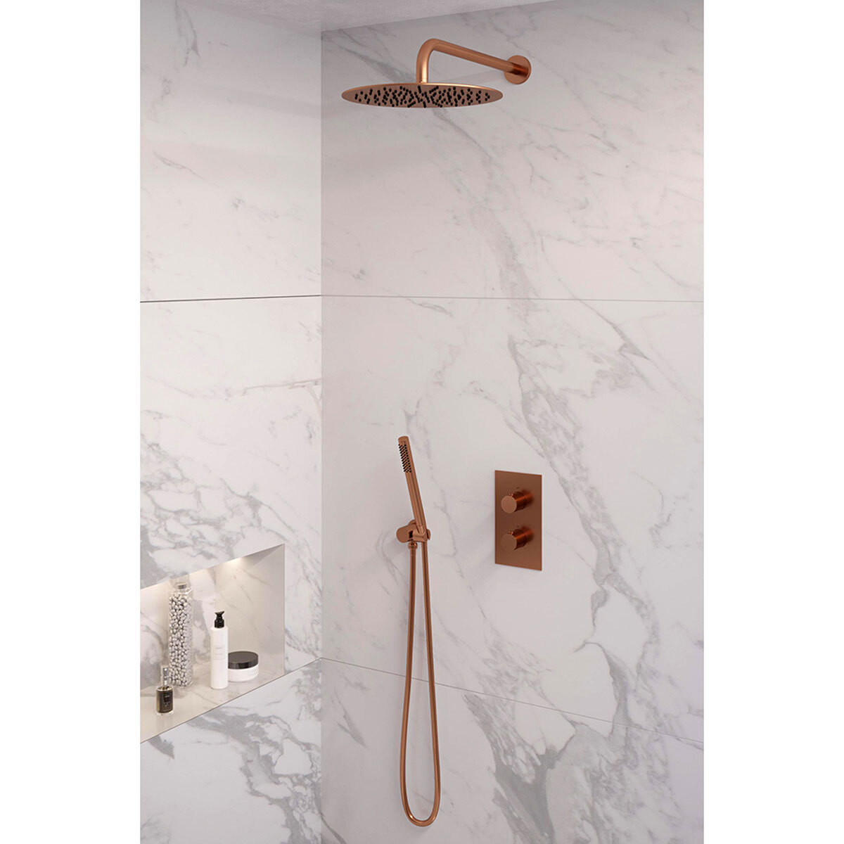 Brauer Regendoucheset 28 Inbouw Muur Copper Edition 30cm Rond Geborsteld Koper PVD 2 Greeps 3-weg met Thermostaatkraan en Staafhanddouche