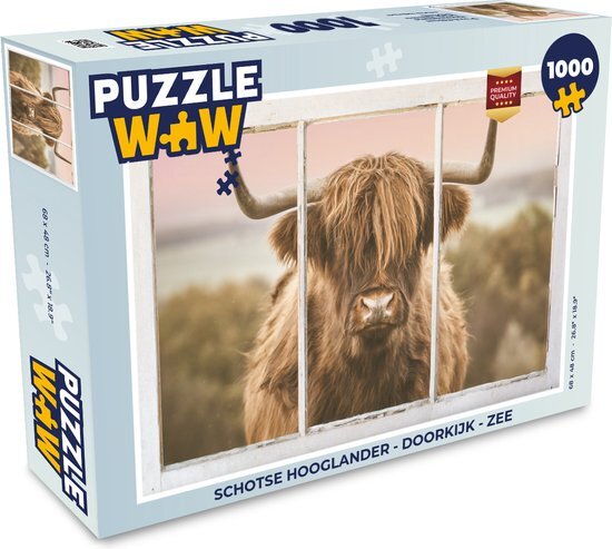 MuchoWow Puzzel Schotse hooglander - Doorkijk - Zee - Legpuzzel - Puzzel 1000 stukjes volwassenen