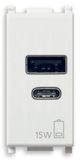 Vimar 14292.AC.15 Plana USB-voeding, 15 W, 3 A, 5 V, voor elektronische apparaten, USB A en USB-C-uitgangen
