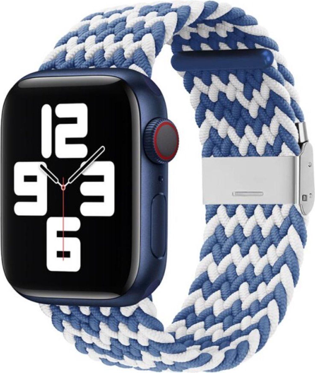 By Qubix Qubix Compatible Apple watch bandje - Braided bandje - Blauw / Wit - Geschikt voor Apple Watch 42 / 44 / 45 / Ultra / 49mm Smartwatchbandje nylon