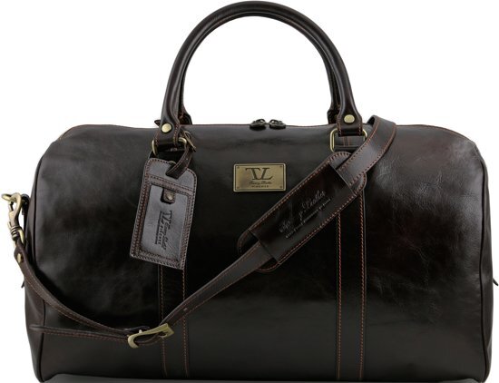 Tuscany Leather Reistas Voyager - Donker Bruin - Lederen reistas duffelbag met vak aan de achterkant - TL141247