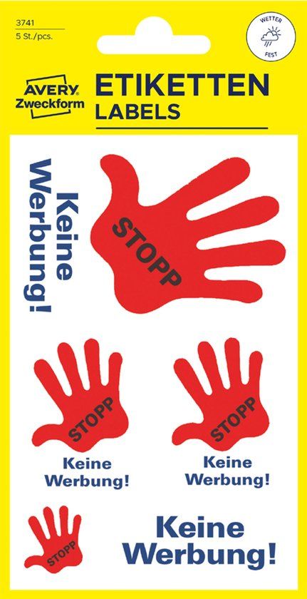 AVERY ZWECKFORM Waarschuwingsetiketten 'Stop - Geen reclame' Blauw/Rood/Wit Papier 5 stuk(s)