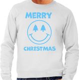 Bellatio Decorations Foute Kersttrui/sweater voor heren - Merry Christmas - grijs - glitter blauw - Smile / Emoticon S