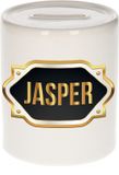 Bellatio Decorations Shoppartners Bv Spaarpot met voornaam Jasper - wit - met goud/zwart embleem - 8 x 9 cm - keramiek - met afsluitdop - cadeau verjaardag