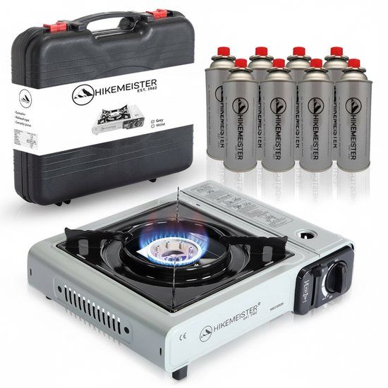 Hikemeister Camping Kooktoestel 1 Pit 2200W - Grijs - Incl. 8 Gasbussen