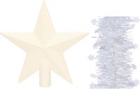 Decoris Kerstversiering kunststof glitter ster piek 19 cm en sterren folieslingers pakket winter wit van 3x stuks - Kerstboomversiering