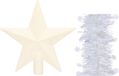 Decoris Kerstversiering kunststof glitter ster piek 19 cm en sterren folieslingers pakket winter wit van 3x stuks - Kerstboomversiering