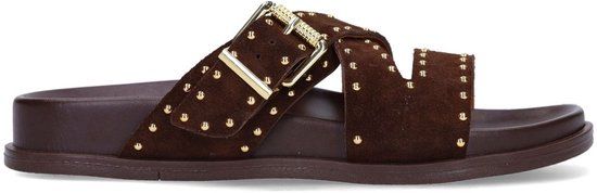 Manfield Dames Bruine suède slippers met studs - Maat 39