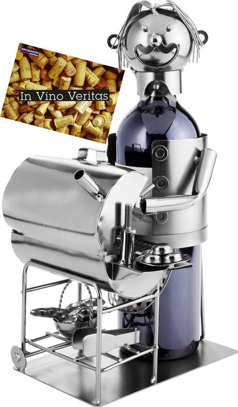 Brubaker Wijnflessenhouder, barbecue, metalen sculptuur, BBQ, grillmeester, zilveren flessenhouder, cadeau voor barbecue, barbecuefeest, decoratieve flessenstandaard, wijncadeau met wenskaart - Wijnrek