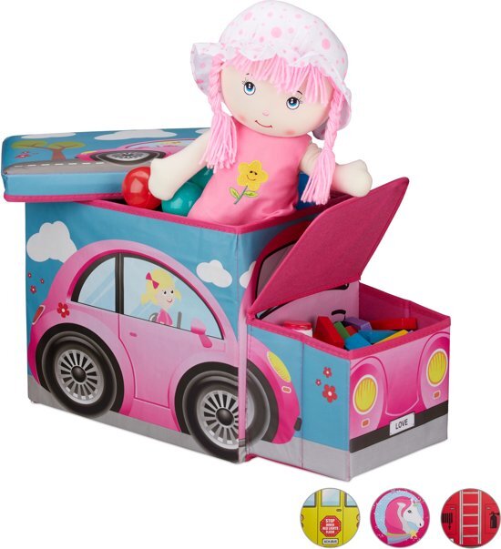 Relaxdays Speelgoedkist - opvouwbare poef - opbergkist speelgoed - kinderkamer - hocker Pink Car roze, Lichtblauw