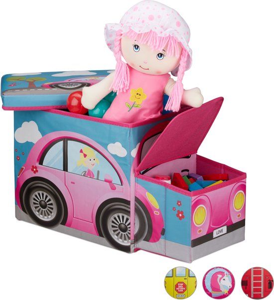 Relaxdays Speelgoedkist - opvouwbare poef - opbergkist speelgoed - kinderkamer - hocker Pink Car