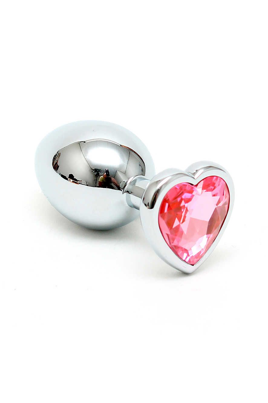 Bondage Play Butt Plug SMALL - Pink with Heart Crystal - Stainless Steel - 3cm Diameter