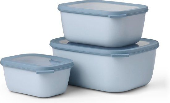 Mepal Cirqula Multischalenset rechthoekig 3-delig (750+1500+3000 ml) Nordic Blue – kom set – vershouddozen – stapelbaar – vaatwasmachinebestendig, polypropyleen, hoog