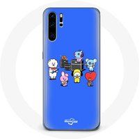 Maniacase Hoesje voor Huawei P30 BTS BT21 Tata Chimmy Cooky Rj Koya Shooky en Mang Speel muziek Blauwe achtergrond