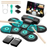 CAHAYA Elektronische drumpadset: 9 draagbare elektrische oefenpads, oprolbaar, met ingebouwde luidspreker, drumsticks, voetpedalen, blauw