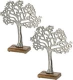 CEPEWA 2x Stuks decoratie levensboom van aluminium op houten voet 25 cm zilver