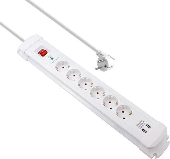 Allteq Stekkerdoos - 6 voudig - 2x USB - Aan/uit schakelaar - 2 meter - Wit