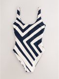 Next Dames Buikbedekkend DD+ Badpak met Ronde Hals - Navy/Cream Chevron