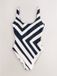 Next Dames Buikbedekkend DD+ Badpak met Ronde Hals - Navy/Cream Chevron