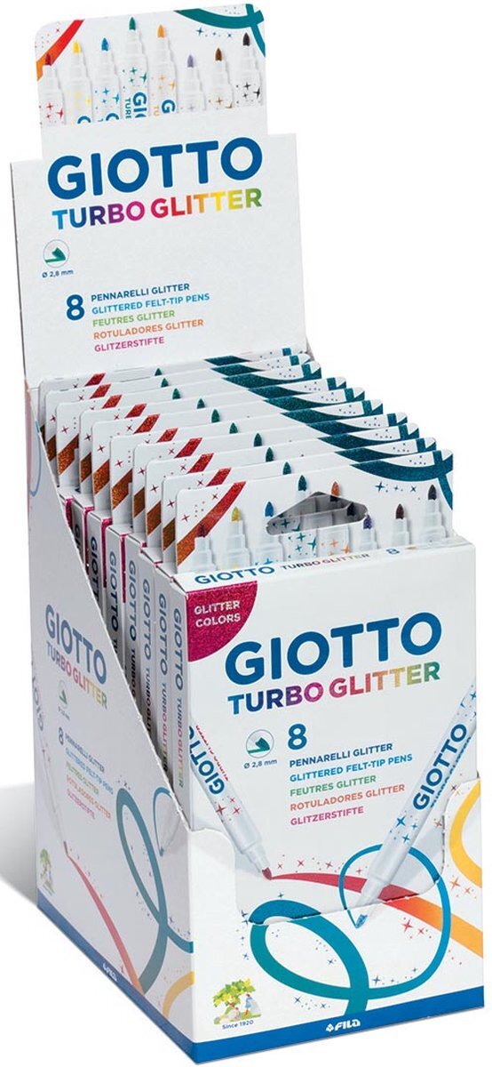 Giottos Turbo Glitter viltstiften, kartonnen etui met 8 stuks in geassorteerde kleuren 20 stuks