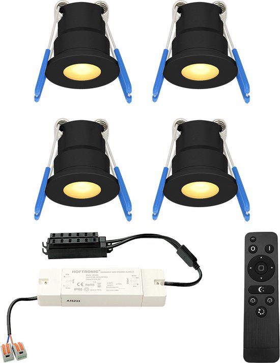 HOFTRONIC Milano - 4x Black LED Recessed Spotlights - Dimmable with RF Remote - IP65 - 2700K - 3W - 12V