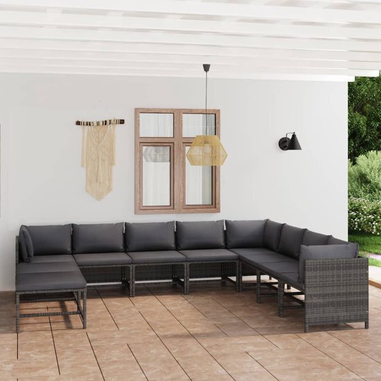 The Living Store Loungeset - Poly Rattan - Grijs - Modulair Design - Inclusief Kussens - PE Rattan - Gepoedercoat Staal - Afmetingen- 60 x 60 x 60 cm (hoekbank) - 54 x 60 x 60 cm (middenbank) - 60 x 60 x 32 cm (voetenbank)