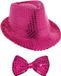 Merkloos Carnaval verkleedkleding setje - glitter hoedje en vlinderstrikje - fuchsia roze - volwassenen - met pailletten