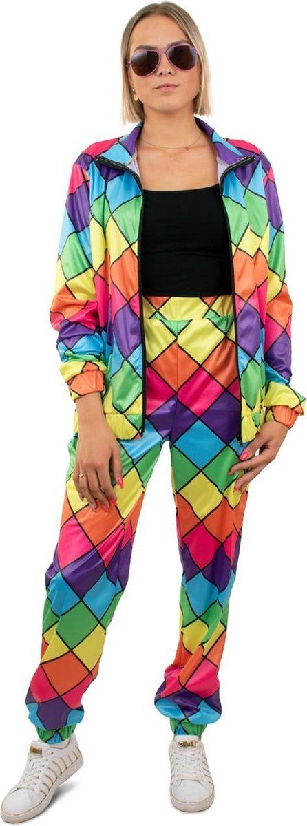 PartyXplosion Jaren 80 Trainingspak Multicolor Ruit Dames XS