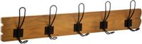 5Five Kapstok rek wand/muur - lichtbruin - 5 zwarte ophanghaken/10 knoppen - dennenhout/metaal - B64 x H14 cm