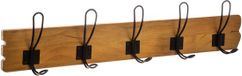 5Five Kapstok rek wand/muur - lichtbruin - 5 zwarte ophanghaken/10 knoppen - dennenhout/metaal - B64 x H14 cm