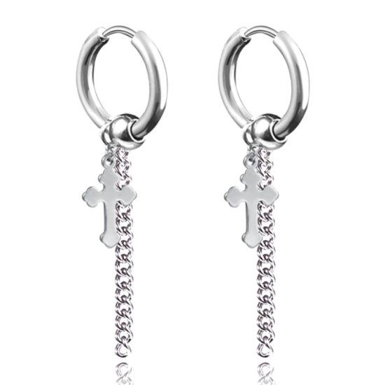 LGT JWLS Lookinggoodtoday Zilverkleurige heren oorringen staal ketting en gotisch kruis