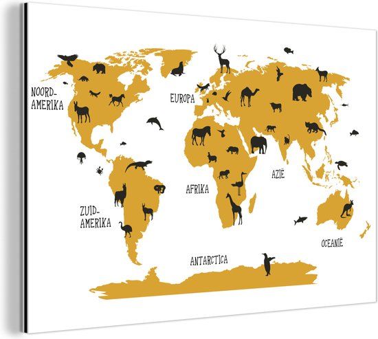 MuchoWow Wanddecoratie Metaal - Aluminium Wereldkaart - Goud - 150x100 cm