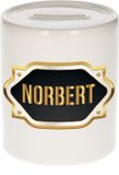 Bellatio Decorations Shoppartners Bv Spaarpot met voornaam Norbert - wit - met goud/zwart embleem - 8 x 9 cm - keramiek - met afsluitdop - cadeau verjaardag