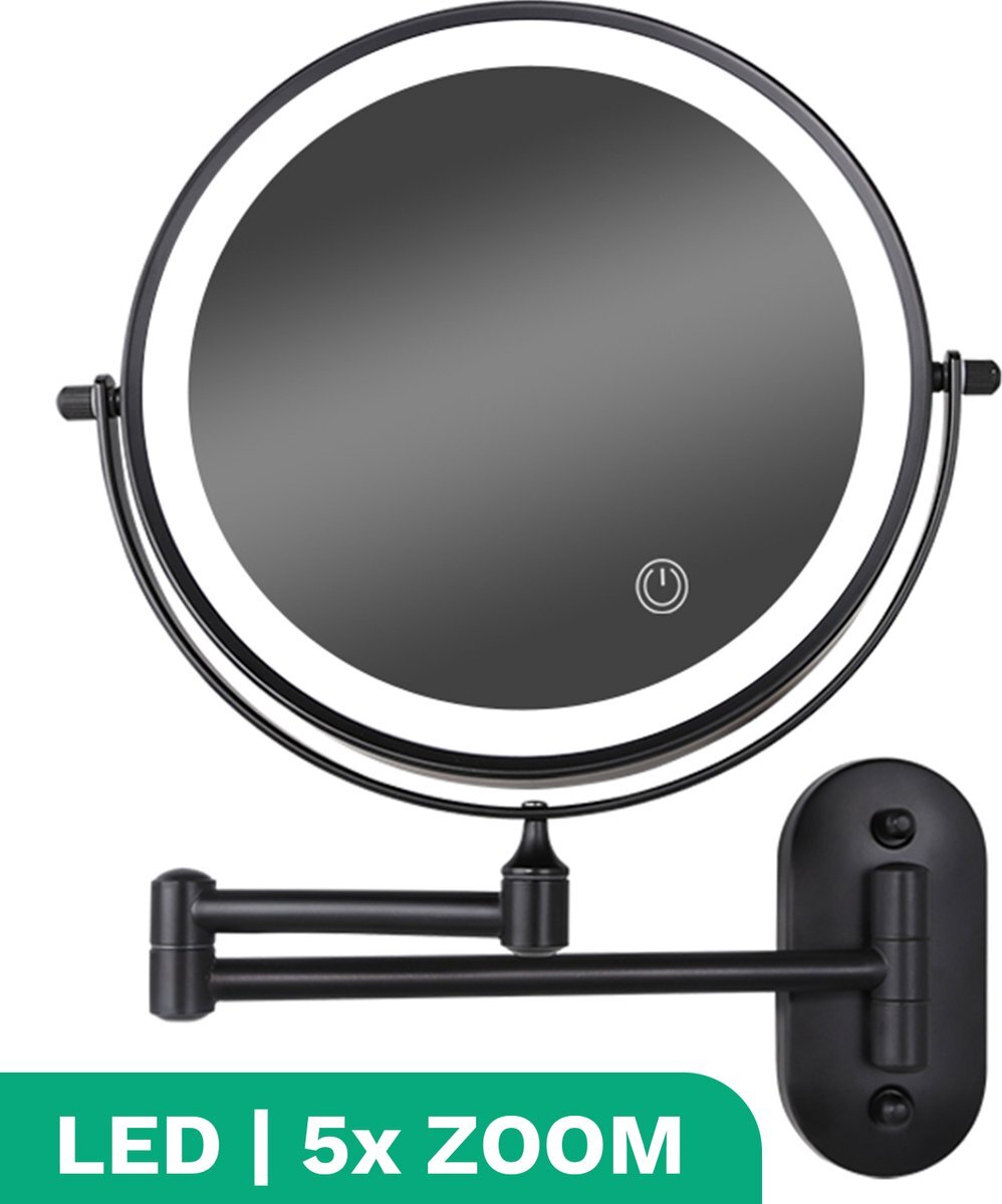 Personal Care Make Up Spiegel - LED Verlichting en 5x Vergroting - 360 Graden Draaibaar - Badkamerspiegel - Wandspiegel - Scheerspiegel - Dubbelzijdige - Makeup Dressoir & Badkamer - Zwart - Batterij
