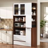 OKWISH Buffetkast – Verstelbare Planken En 2 Lades – Met Uittrekbaar Rek En Ribbelglas – MDF Wit Walnoot – 100×40×200 cm