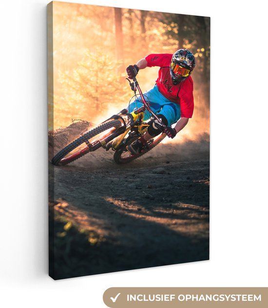 OneMillionCanvasses Canvas schilderij - Mountainbike - Man - Fiets - Sport - Bos - 60x90 cm