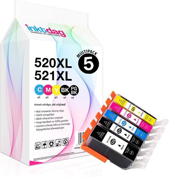 inktdag inktcartridges voor Canon PGI-520xl / CLI-521xl, multipack van 5 stuks voor Pixma iP3600, IP4600, IP4700, MP540, MP5410, MP550, MP560, MP620, MP630, MP640, MP980, MP990, MX860, MX870