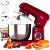 Avilia Planetaire kneedmachine met kom van staal, 5 l, rood, 15.000 W en 10 instelbare snelheden, stil en beschermingsklasse II, inclusief haak voor deeg, racket en garde