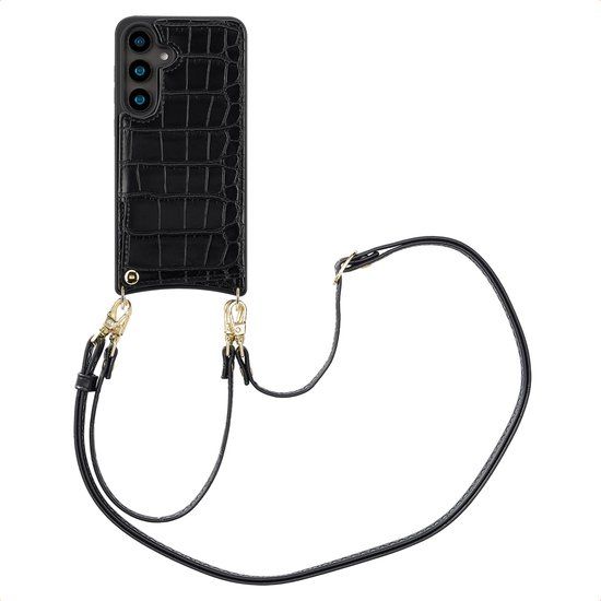 Selencia Hoesje - Geschikt voor Samsung Galaxy S24 - Croco Backcover met koord en pashouder - Zwart