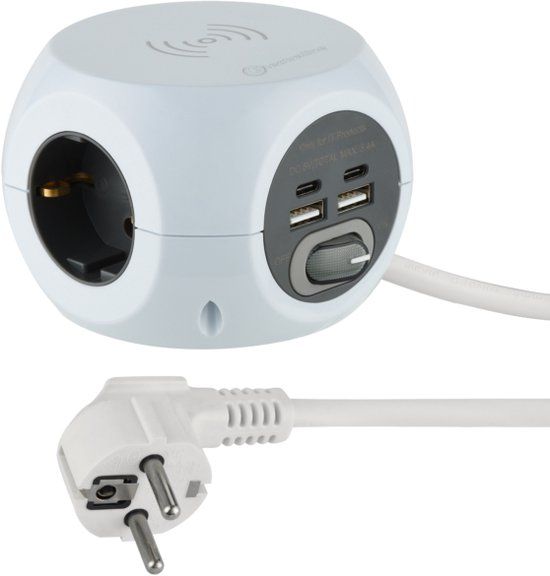 Electraline Minicube Power Strip - White - 3 Outlets, 2 USB, Wireless Charger