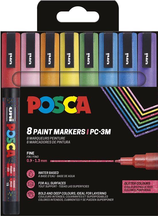 Posca Uni POSCA paintmarker PC-3ML | 1 | 5 mm | glitter | etui van 8 stuks in geassorteerde kleuren