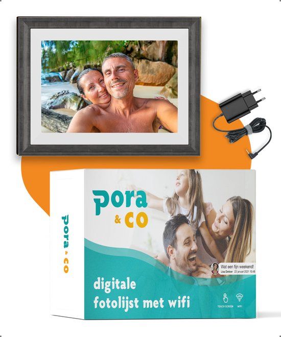 Pora&co Pora 10 inch WiFi Digital Photo Frame - HD+ IPS Display - White/Brown - Micro SD - Touchscreen