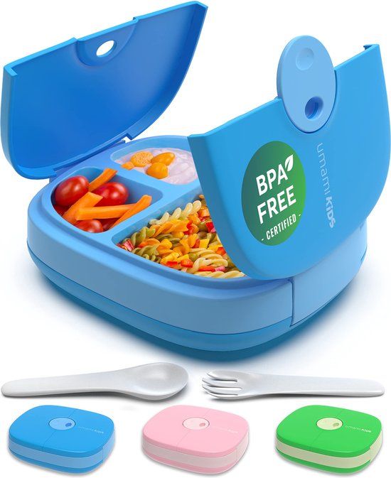 Umami Kids Lunchbox met bestek, lekvrij, duurzaam, bento-stijl, 3 grote vakken, ideaal voor porties van 3 tot 9 jaar, BPA-vrij, magnetron- en vaatwasmachinebestendig, blauw