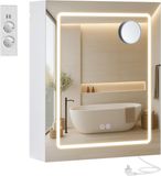 VASAGLE Kailyn Collection Wandkast voor badkamer met spiegel, met led, stekkerdoos, anti-condens-functie, 10 x vergrotende spiegel, moderne stijl, 16,5 x 50 x 60 cm, wit BBK133W01