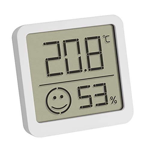 TFA Digitale Mini Thermo-Hygrometer, 30.5053.02, met behaaglijkheidsgraad voor een gezond binnenklimaat, Weergave van binnentemperatuur en -vochtigheid, wit, (L)46 x (B)13 x (H)43 mm