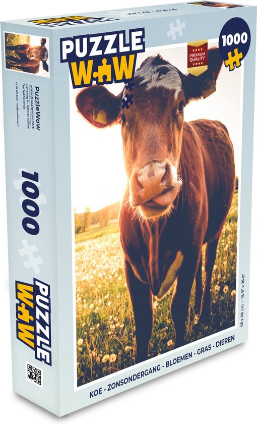 MuchoWow Puzzel Koe - Zonsondergang - Bloemen - Gras - Dieren - Legpuzzel - Puzzel 1000 stukjes volwassenen - Sinterklaas cadeautjes - Sinterklaas voor grote kinderen