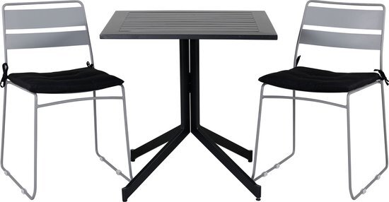 Hioshop Way tuinmeubelset tafel 70x70cm en 2 stoel Lina grijs, zwart.